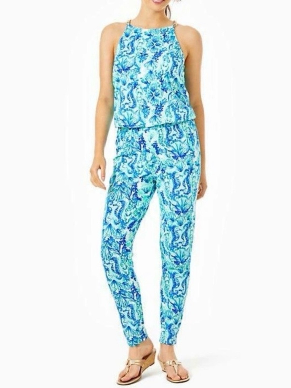 Lilly Pulitzer Keeran Size XS Jumpsuit in Sea Glass Aqua Seeing Double Print.
